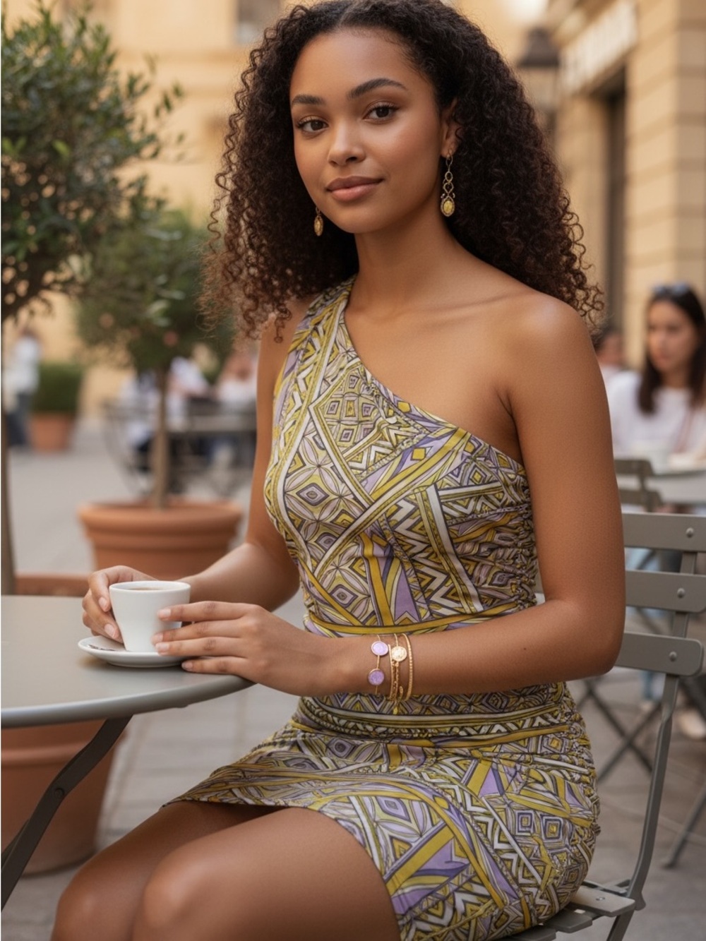Olivaceous One-Shoulder Geometric Mini Dress in Lavender and Mustard